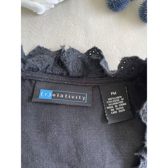 Relativity Womens 100% Linen Ruffle Cardigan PM Black Lace Trim & Tie Whimsigoth - Picture 6 of 9